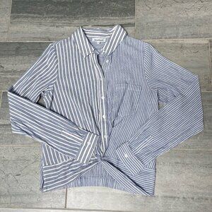 Heartloom Twist Front Hem Button Down Shirt Blue White Striped Blouse Size Small